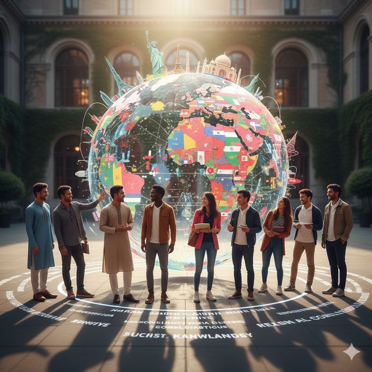 A group of students standing in a courtyard beneath a large illuminated globe
