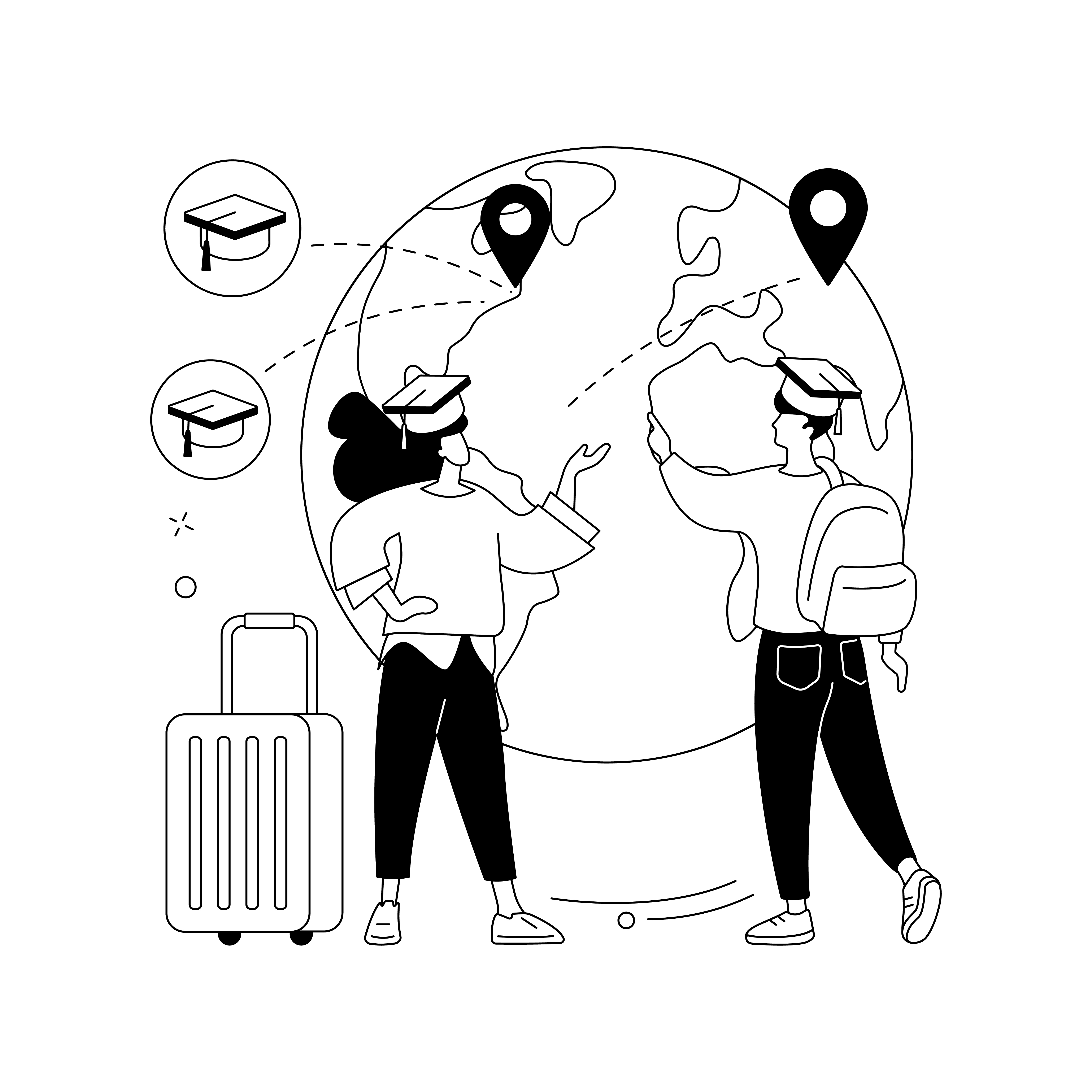 Line illustration of two graduates in mortarboards beside a globe, a suitcase and location pins