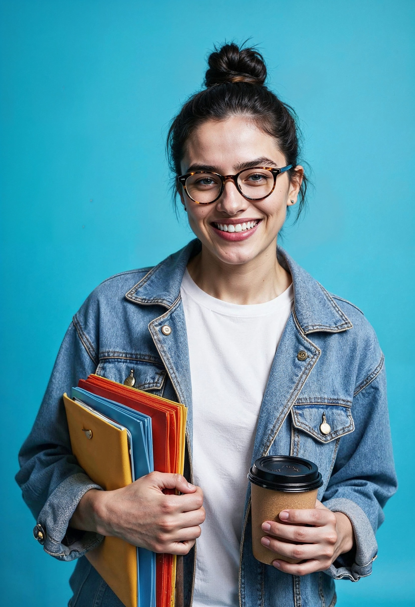 A smiling student in a denim jacket holding notebooks and a coffee